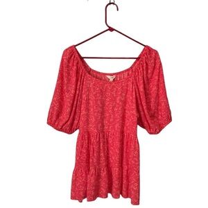 TERRA & SKY WOMENS PINK SQUARE NECK FLORAL BALLOON SHORT SLEEVE BLOUSE S…